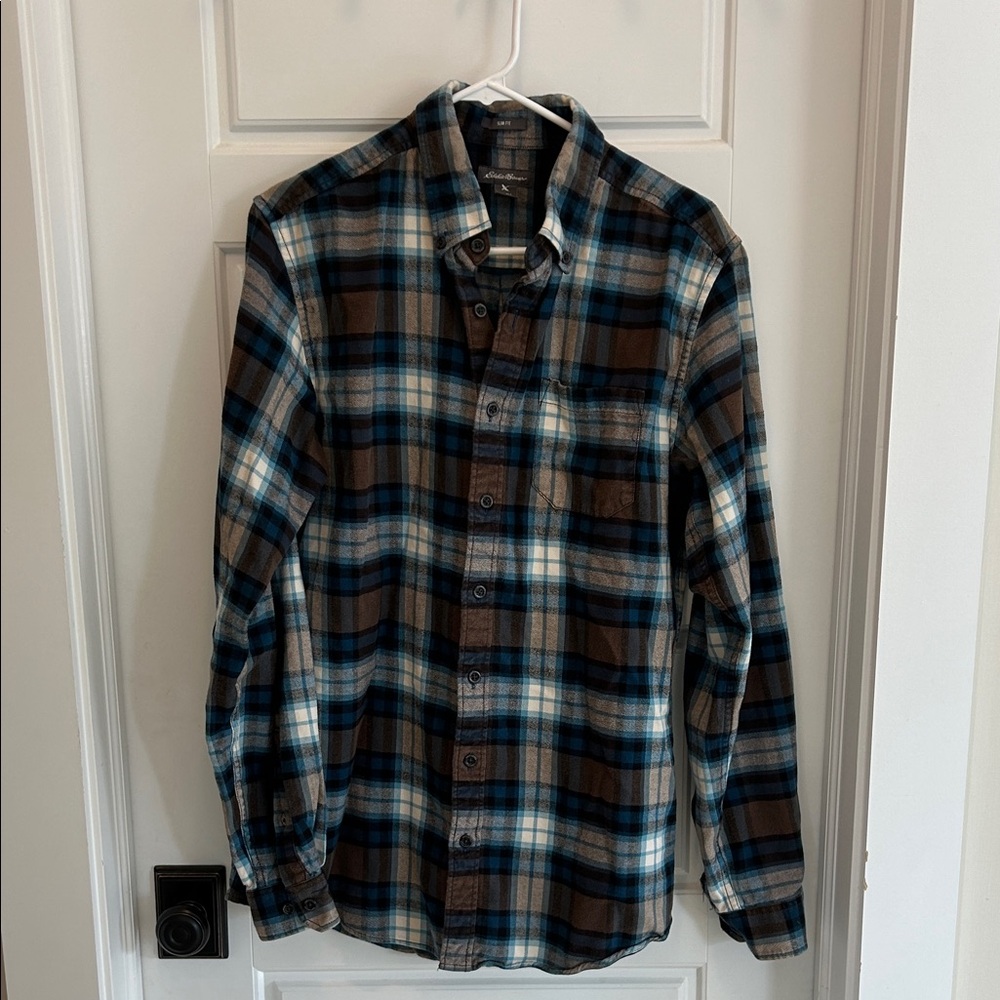 Eddie Bauer Men's Casual Plaid Shirt - Blue, Brown, and White